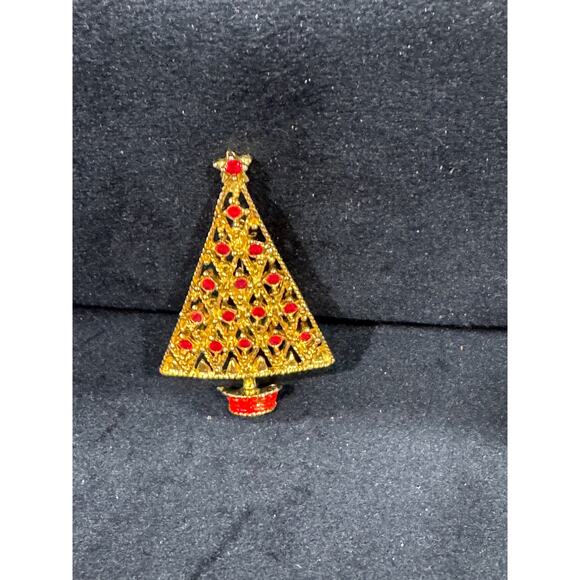 Vintage Gold-Tone Christmas Tree Brooch with Red Rhinestones – 1″x2″ - Picture 2 of 3